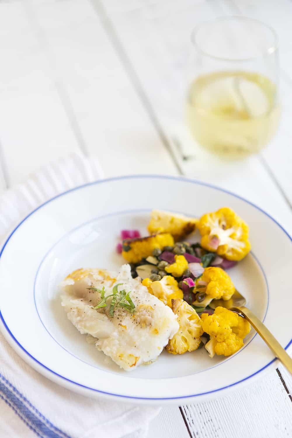 Crispy Cod with Warm Cauliflower & Mustard Green Salad